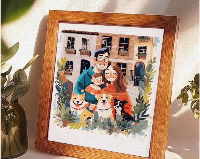 Custom Family Portrait from Photos, Modern Illustration, Template Background Included, Digital Download