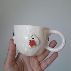 Handmade Halloween Mug: Ghost, Pumpkin & Witch Hat Ceramic Cup
