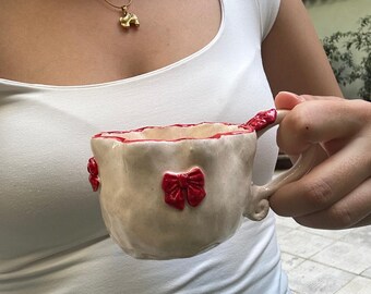 Handmade Ceramic Mug: Red Bow Coquette Cottagecore Coffee Cup