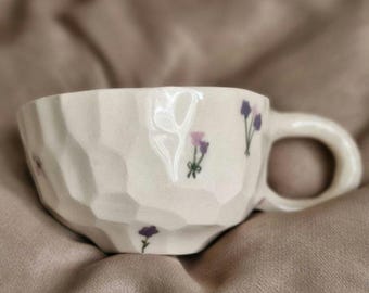 Handmade Floral Ceramic Mug: Textured Pottery Tea Cup (200ml)
