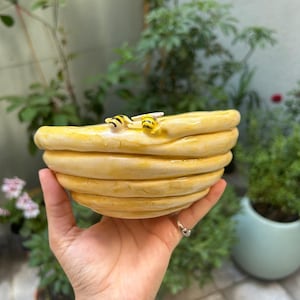 May include: A handmade, yellow ceramic bowl with a honeycomb design. Two small bee figurines are attached to the rim. The bowl is held in a hand, with a blurred background of greenery.