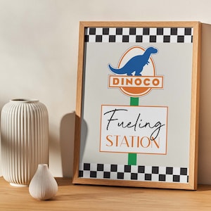 Dinoco ガソリンスタンド看板 車の誕生日パーティー用に印刷可能 | 印刷可能なドリンクスタンド看板