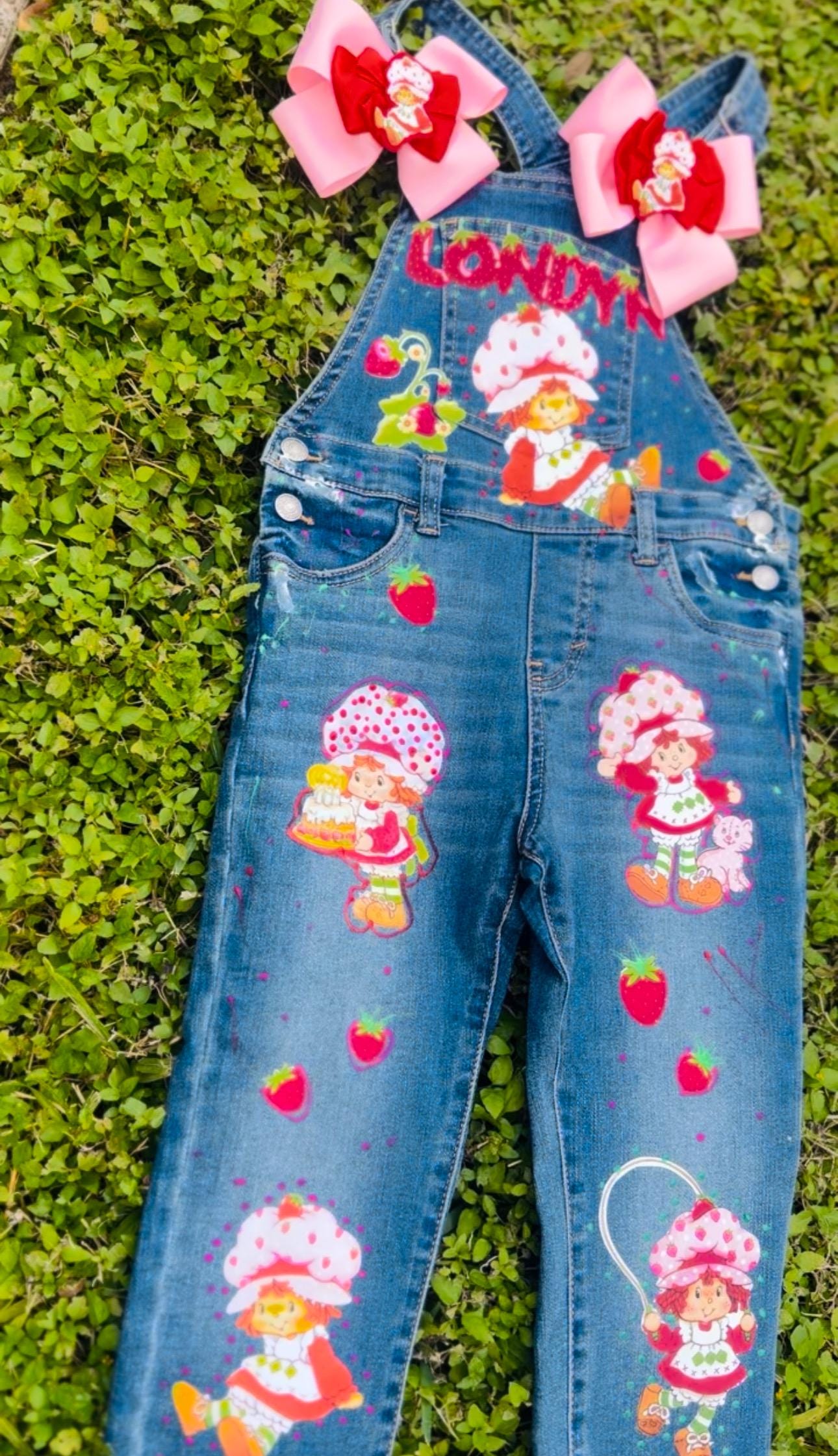 Vintage denim strawberry overalls kids jeans overalls with strawberry them