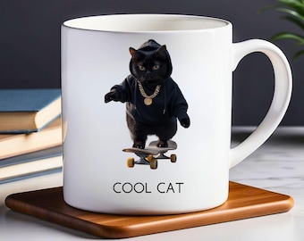 Cool Cat Ceramic Mug, Cat Lover Gift, Animal Print Coffee Cup, Gift for Cat Owners, Cute Kitten Tea Mug, Cat Mom Present, Cat Dad Gift.