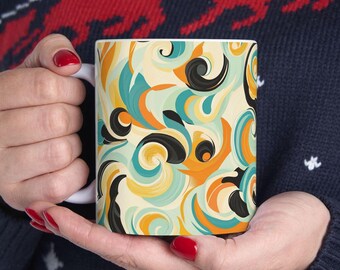 Wavy Green & Yellow Ceramic Coffee Mug: Vibrant Kitchen Decor
