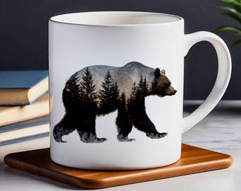 Bear & Pine Tree Ceramic Mug: Rustic Nature Coffee Cup