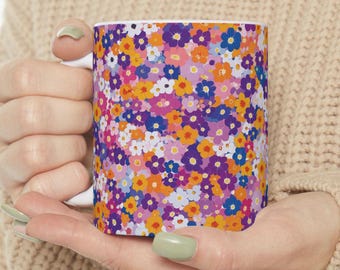 Floral Ceramic Mug: Aster Flower Pattern, Botanical Tea Cup