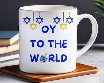 Taza de cerámica de Janucá, Oy To The World, taza festiva judía, 325 ml (11 oz) o 445 ml (15 oz), regalo para té o café, Festival de las Luces, decoración de cocina judaica, judío