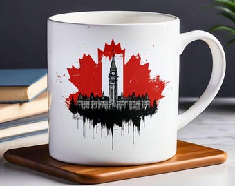 Canadian Parliament Building Mug: Maple Leaf Coffee Cup