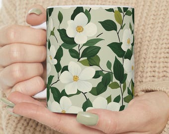 Floral Ceramic Coffee Mug: Botanical Tea Cup, Gardening Gift