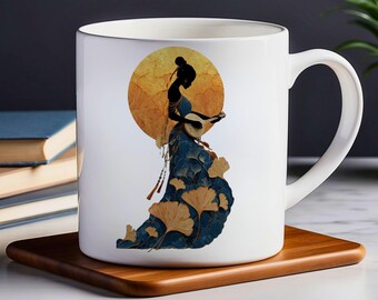 Banjo Woman Silhouette Ceramic Mug: Folk Music Lover Gift