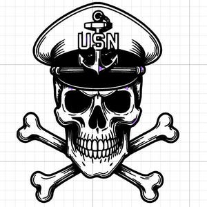 Puede incluir: Ilustraci&oacute;n en blanco y negro de una calavera con un gorro de oficial de la marina con las letras "USN" y un emblema de ancla. La calavera tiene huesos cruzados debajo.
