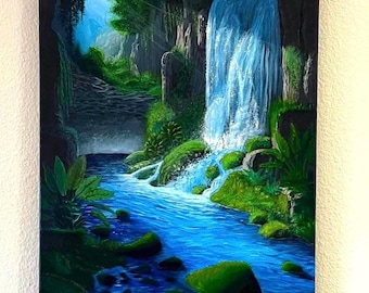 Cave Waterfall Painting – Fantasy Nature Landscape – Hand Painted 24x18 Acrylic Wall Art – Original Painting – Only 1 Available