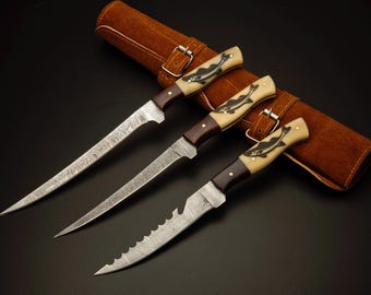 Handgemaakte messenset van damaststaal met leren etui, het beste cadeau voor vissers. Gepersonaliseerde fileerset, cadeau voor bruidsjonkers, verjaardagscadeau voor papa.