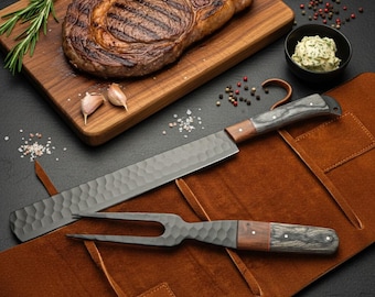 Premium borstmes en vork set met leren rol | BBQ-accessoires | Cadeau voor pitmasters | BBQ-snijset | Chef & Grill-cadeau