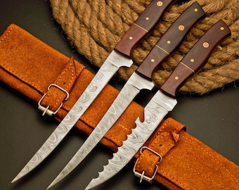 Handgemaakte damaststalen messenset met leren rolkit beste cadeau voor visser Gepersonaliseerde filetset bruidsjonkers cadeau Verjaardagscadeau voor papa