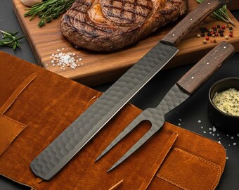 Premium borstmes en vork set met leren rol | BBQ-accessoires | Cadeau voor pitmasters | BBQ-snijset | Chef & Grill-cadeau