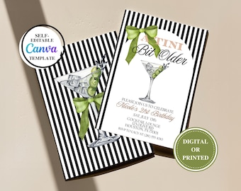 May include: A black and white striped background with a martini glass illustration and the text "ATINI Bit Older". The text "PLEASE JOIN US TO CELEBRATE Nicole's 21st Birthday" is also included. The invitation is for a birthday party at a cocktail lounge.