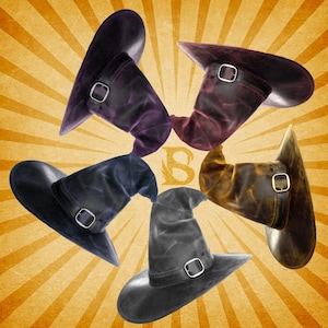 May include: Five witch hats in different colors and styles. The hats are made of leather and have buckles and straps. The hats are arranged in a circle on a background with a radial pattern.