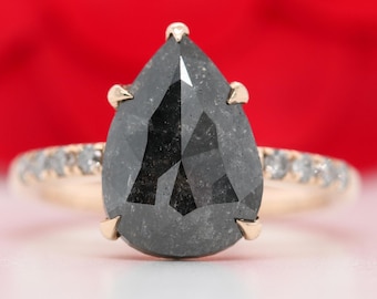 Salt and Pepper Diamond, Pear Diamond Ring, Unique Engagement Bridal Set, Black, Gray Pear, 14k Yellow, Rose, or White Gold