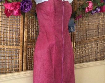 NWT Vtg 90’s Y2K Berman Leather Strapless Mini Dress Hot Pink Front Zip Sz 6