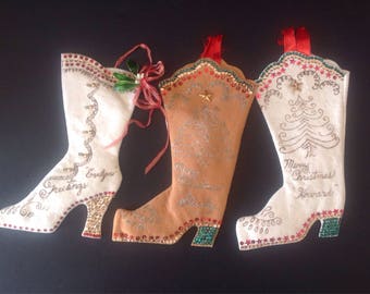 Vintage Felt Sequin Jeweled Christmas Stockings Western Cowboy Boots Set Of 3