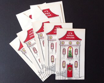 Vintage Gibson Holiday Open House Invitations-Mid Century Retro-New In Pkg-Set Of 7