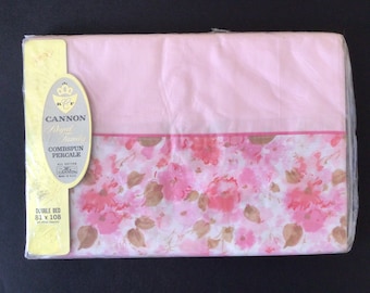 Vintage NIP Cannon Royal Family Percale Full Flat Sheet Pink Solid Floral Border