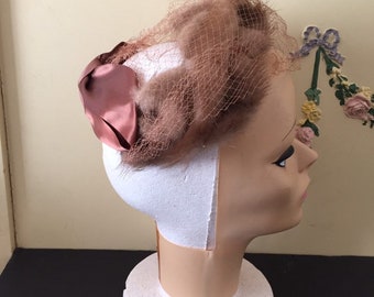 Vintage Mink Hat Caplet Headband Skull Cap Big Bow Netting