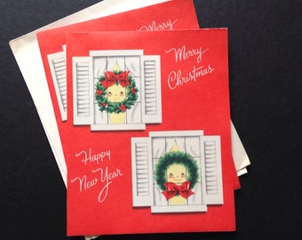 Vintage Norcross Christmas Cards Sweet 50's Smiling Wreaths in Window Unused-Set of 2