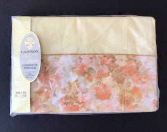 Vintage NIP Cannon Royal Family Percale Full Flat Sheet Yellow Solid Orange Floral Border