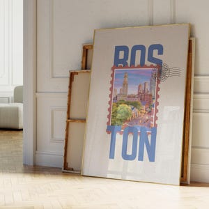 Boston Art Print, Vintage Stamp Print, Retro Travel Wall Art, Cityscape Poster, Boston Skyline Decor, Historic New England Gift LI47