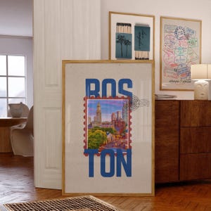 Boston Art Print, Vintage Stamp Print, Retro Travel Wall Art, Cityscape Poster, Boston Skyline Decor, Historic New England Gift LI47