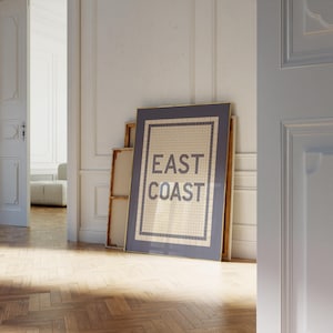 Può includere: Una stampa incorniciata con sfondo bianco e bordo blu. La stampa presenta un design a mosaico con il testo "EAST COAST" in lettere bianche.
