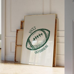 May include: A framed print with a green football graphic, the text "1933" and "GO BIRDS". The artwork has a cream background and a gold frame. The print is leaning against a wall.