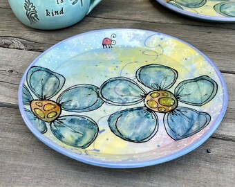 Pottery Plate, Porcelain Dessert Plate with Watercolor art, by DirtKicker Pottery