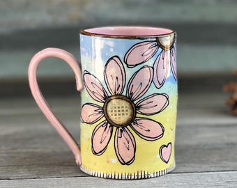 Cover Me in Sunshine Mug with Pink Daisies, 16 ounce Mug, Porcelain Pottery Mug, by DirtKicker Pottery