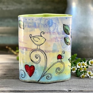 Handmade Porcelain Pottery Vase with Garden Theme Whimsical Art, by DirtKicker Pottery