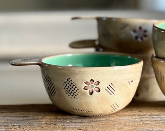 Pottery Bowl with Handle,  Pink Daisy Bowl, Heart Bowl,  Farmhouse Style Bowl, by DirtKicker Pottery