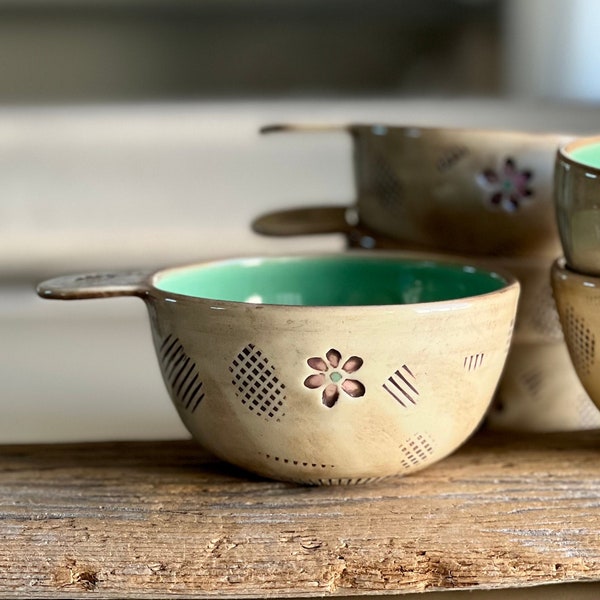 Pottery Bowl with Handle,  Pink Daisy Bowl, Heart Bowl,  Farmhouse Style Bowl, by DirtKicker Pottery