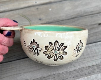 Porcelain Pottery Bowl with Handle, Farmhouse Style Bowl, Handmade Soup Bowl, by DirtKicker Pottery