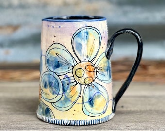 Porcelain Pottery Mug with Watercolor Blue Boho Flowers, 20 ounce Coffee Mug, Extra Large Coffee Mug, by DirtKicker Pottery