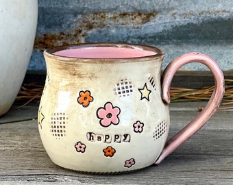 Pottery Mug with Pink and Orange Rustic Boho Flowers, smile inscribed, Porcelain Pottery Art Mug, by DirtKicker Pottery