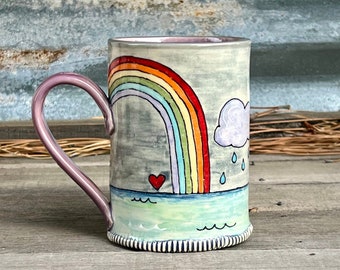 Faith Mug with Bird, Rainbow and Storm Clouds, Inspirational Mug, Porcelain Art Mug, Handmade Large Coffee Mug - by DirtKicker Pottery