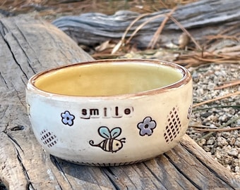 Porcelain Ring Dish with Smile inscribed, Whimsical Garden Dish, Wheel Thrown Trinket Dish, by DirtKicker Pottery