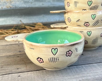 Porcelain Pottery Bowl with Handle, Farmhouse Style Bowl with Boho Flowers, Handmade Pottery Bowl, by DirtKicker Pottery