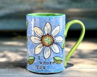 Pottery Mug in Periwinkle with White Daisies, 16-ounce Large Handmade Coffee Mug, Porcelain Pottery, by DirtKicker Pottery