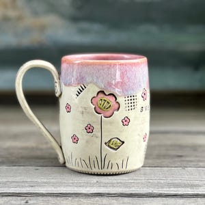 Porcelain Pottery Mug with Cute Pink Flowers, Hello Sweet Pea inscribed, Large Handmade Coffee Mug, by DirtKicker Pottery