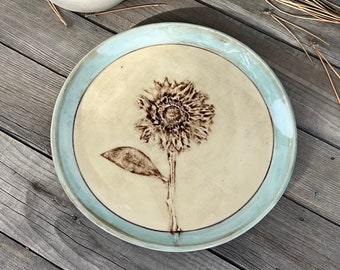 Sun Flower Plate, Porcelain Pottery Plate with Real Sunflower Impression, Botanical Art Dinner Plate, 10 inch plate,  by DirtKicker Pottery