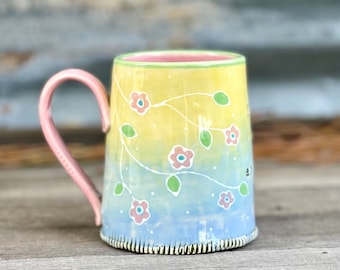 Porcelain Pottery Mug with Spring Flowers, Colorful Coffee Mug, Pink Mug, by DirtKicker Pottery